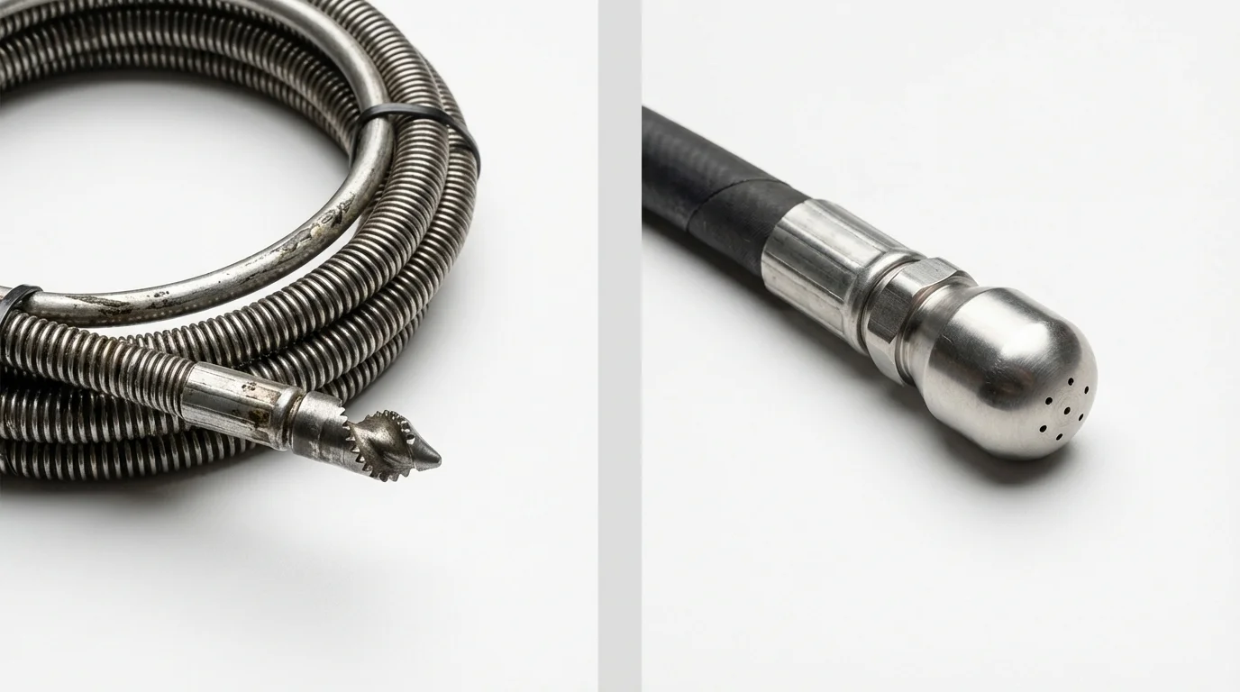 Drain snake cable and hydro jetting nozzle used for drain cleaning in Warner, OK