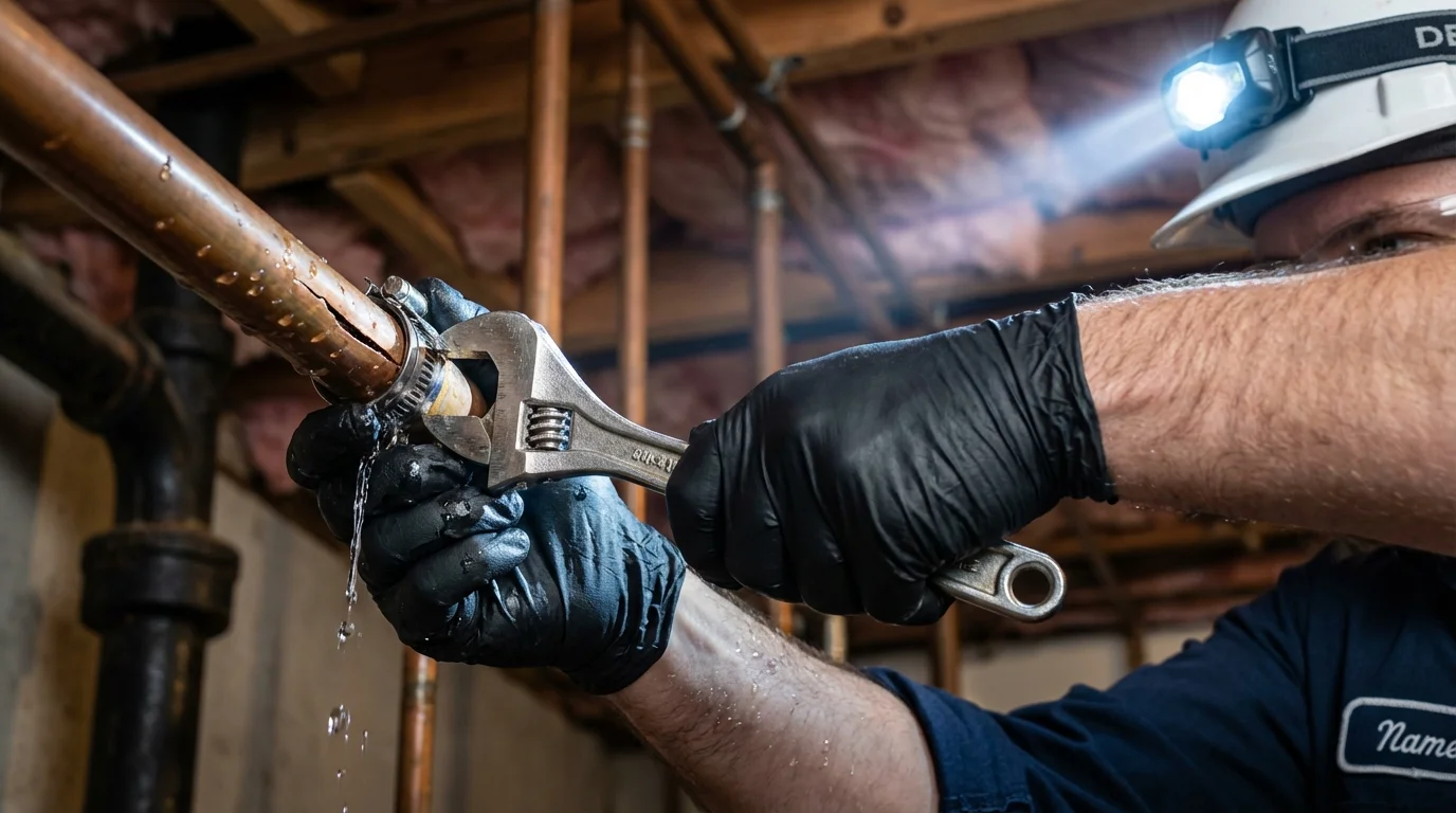 Emergency pipe clamp repair being performed by a Johns Plumbing LLC plumber in Warner