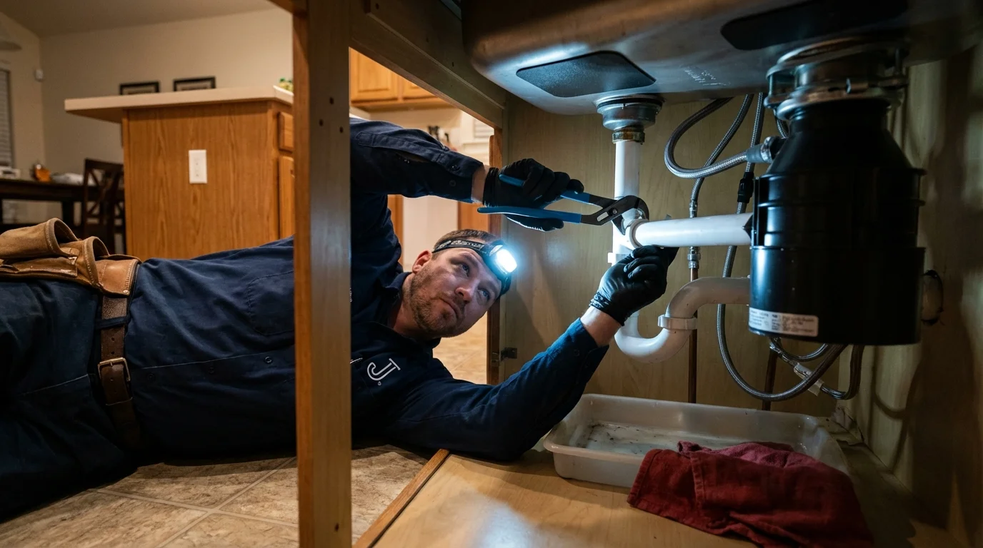 P-trap and supply line connections under a kitchen sink showing a common leak point in Warner, OK